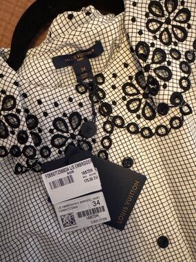 Louis Vuitton Black & White Gingham Babydoll Shirt Embroidered Peter Pan Collar